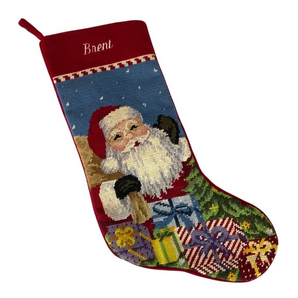 Personalized Christmas Stocking Embroidered BRENT by Lands End Needlepoint Santa - Picture 1 of 6